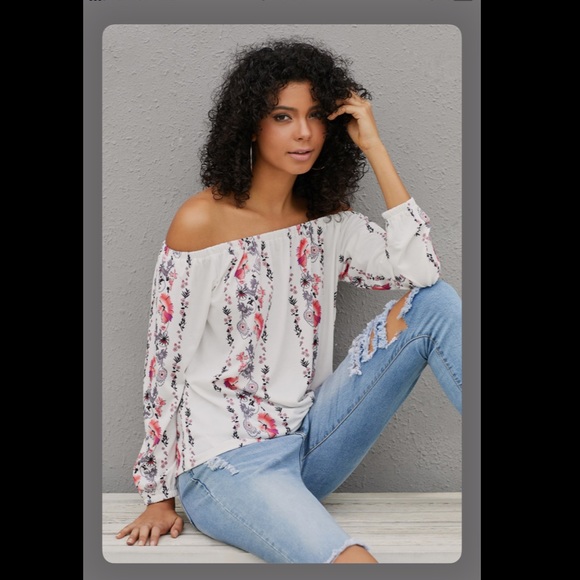 - Boho White Floral Print Elastic Off Should… - Picture 3 of 4